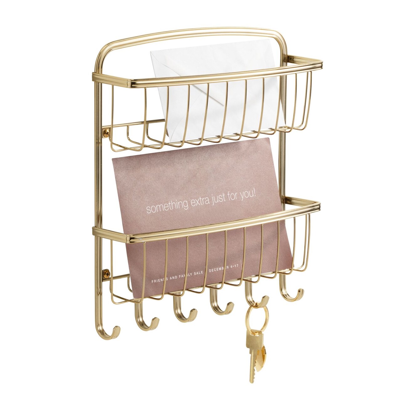 mDesign Wall Mount 2 Tier Metal Mail Organizer Storage Basket, 6 Hooks